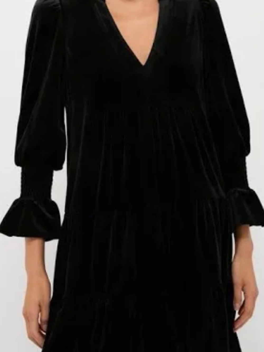 Pomander Place Black Velvet V-Neck Tiered Dress with Ruffle Cuffs
